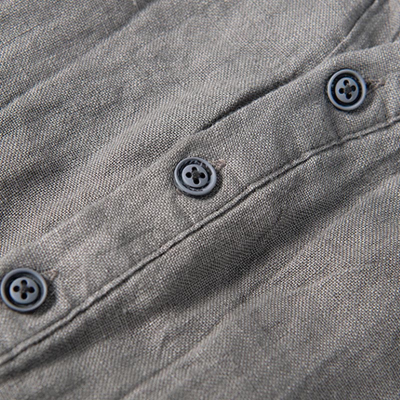 Buddha Stones Solid Color Short Sleeve Half Button Shirt Cotton Linen Men Clothing - image 6
