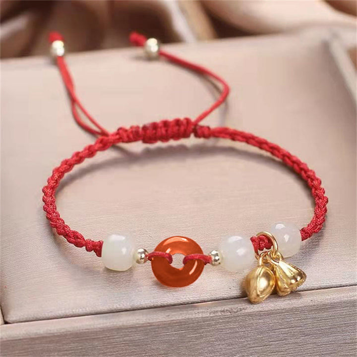 Buddha Stones Red Agate Peace Buckle Jade Lotus Healing Braided Bracelet - Red(Wrist Circumference 14-18cm) - image 0