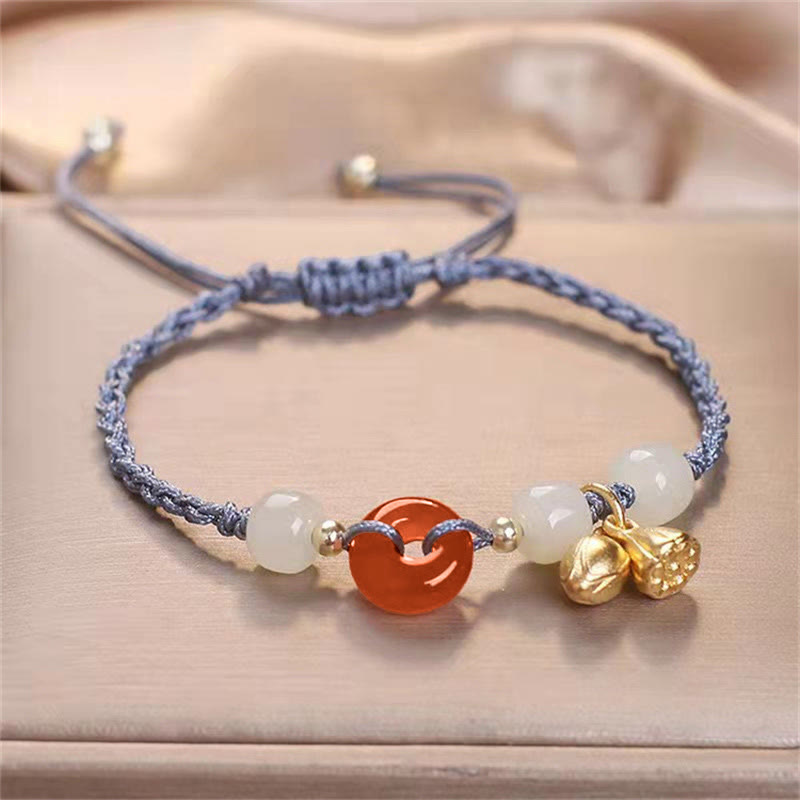 Buddha Stones Red Agate Peace Buckle Jade Lotus Healing Braided Bracelet - Blue(Wrist Circumference 14-18cm) - image 2