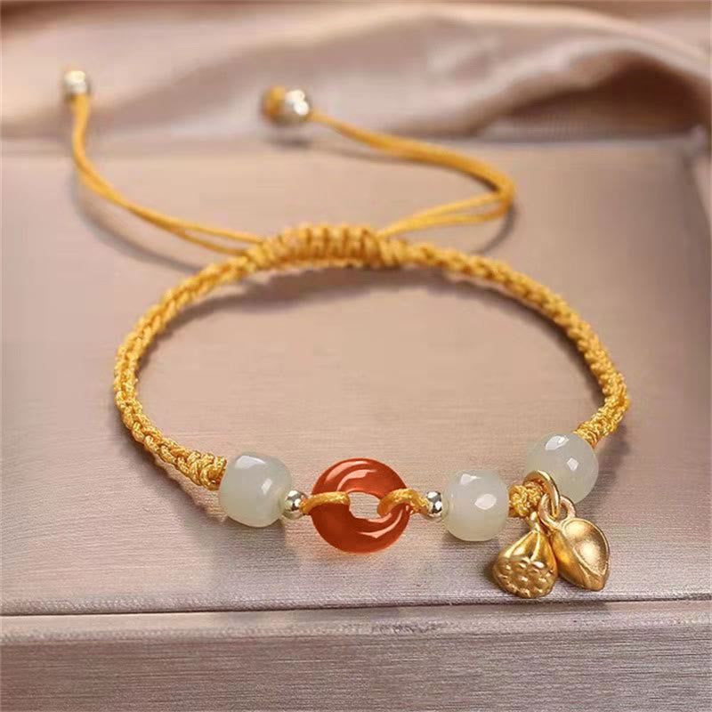 Buddha Stones Red Agate Peace Buckle Jade Lotus Healing Braided Bracelet - Yellow(Wrist Circumference 14-18cm) - image 1
