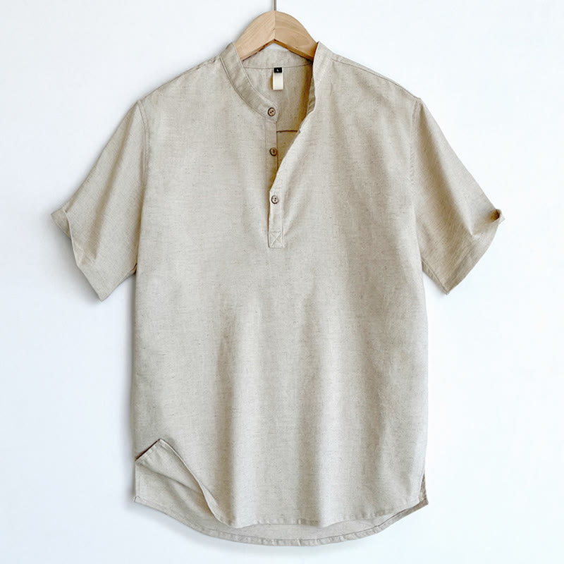 Buddha Stones Solid Color Men Short Sleeve Button Linen Shirt - image 15
