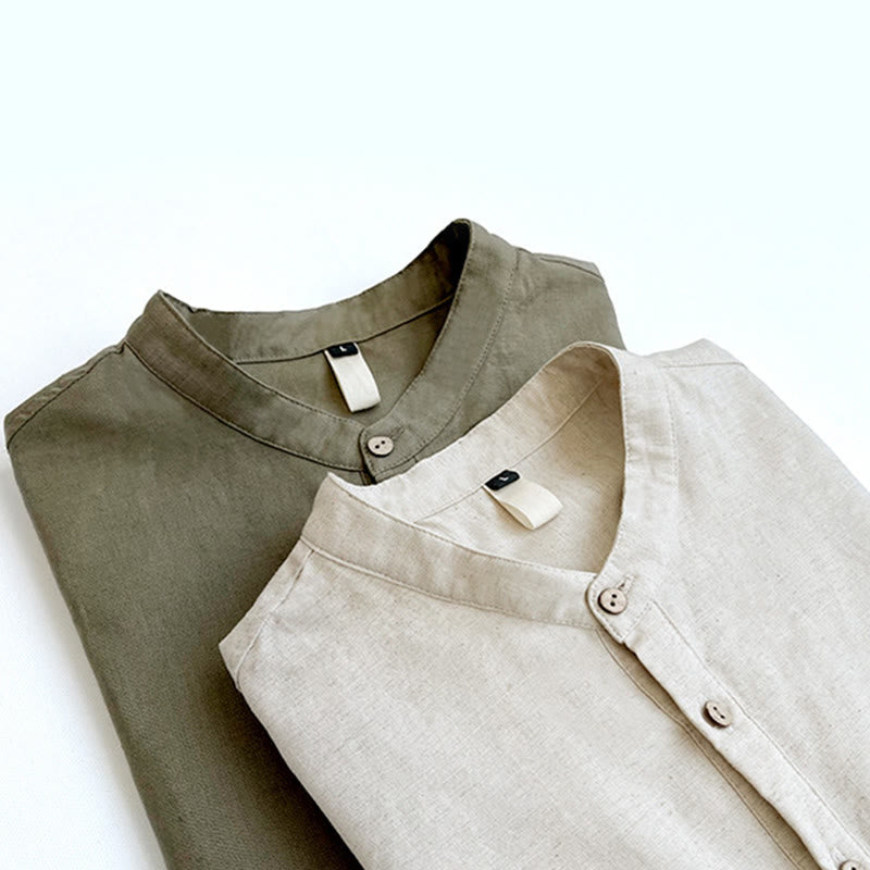 Buddha Stones Solid Color Men Short Sleeve Button Linen Shirt - image 1