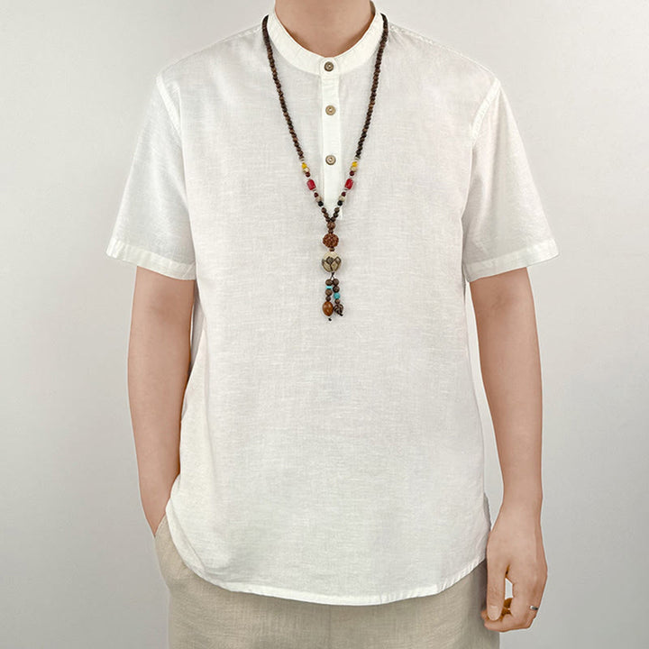 Buddha Stones Solid Color Men Short Sleeve Button Linen Shirt - White - US/UK/AU44，EU54 (4XL) - image 16