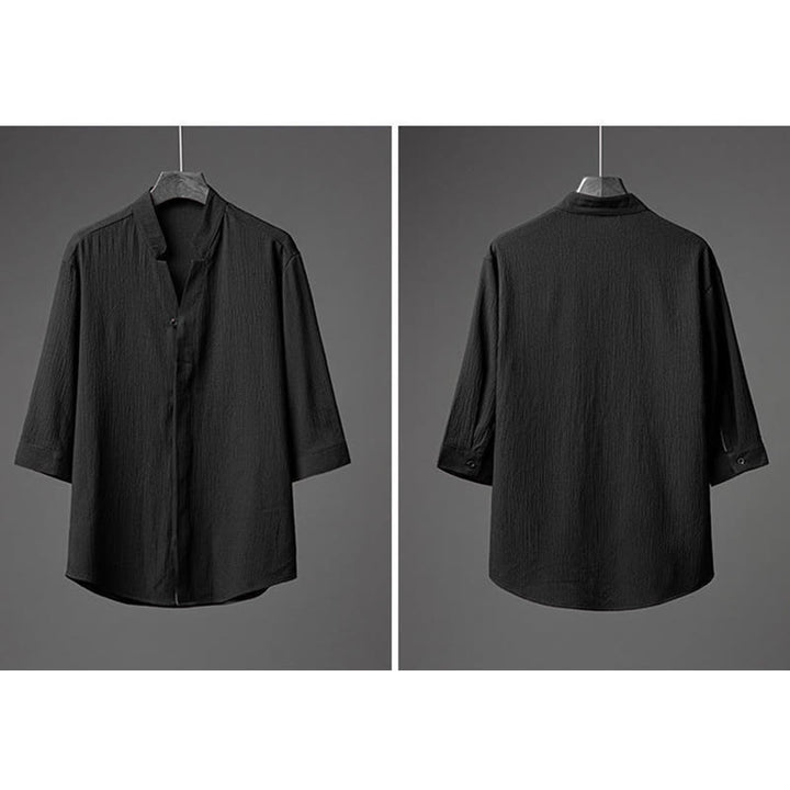 Buddha Stones 2Pcs Solid Color Texture Button Half Sleeve Shirt Pants Men's Set - image 13