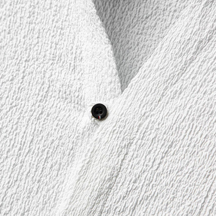 Buddha Stones 2Pcs Solid Color Texture Button Half Sleeve Shirt Pants Men's Set - image 5