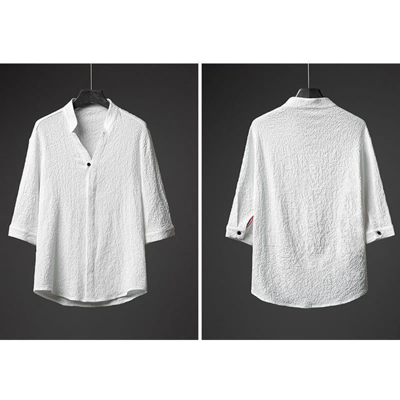 Buddha Stones 2Pcs Solid Color Texture Button Half Sleeve Shirt Pants Men's Set - image 8