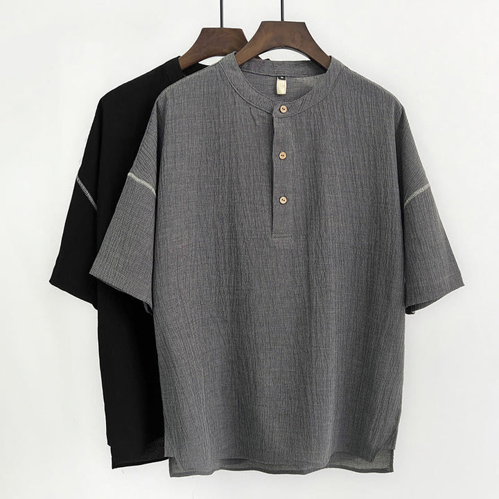 Buddha Stones Summer Solid Color Men Short Sleeve Button Shirt - image 0