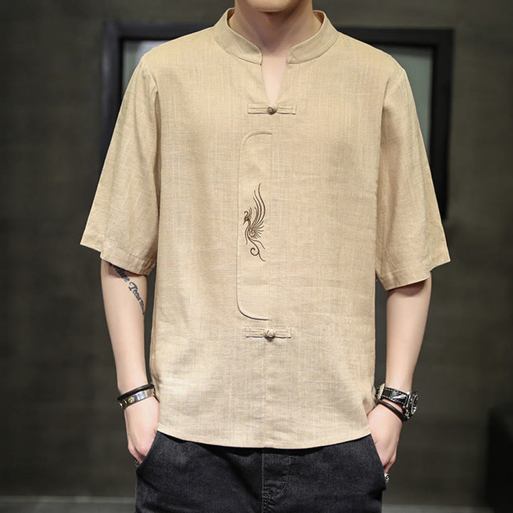 Buddha Stones Frog-Button Phoenix Embroidery Chinese Tang Suit Short Sleeve Shirt Cotton Linen Men Clothing - Bisque - US/UK/AU46，EU56 (5XL) - image 10