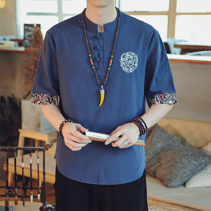 Buddha Stones Frog-Button Dragon Embroidery Chinese Tang Suit Short Sleeve Shirt Linen Men Clothing - SteelBlue - US/UK/AU46，EU56 (5XL)  - image 33