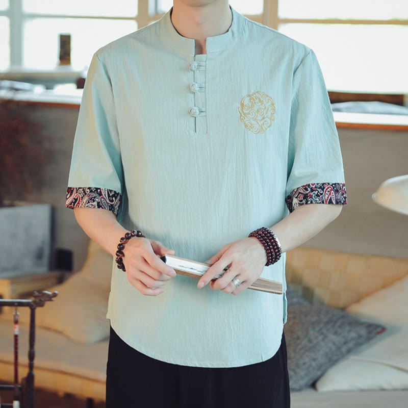 Buddha Stones Frog-Button Dragon Embroidery Chinese Tang Suit Short Sleeve Shirt Men Clothing - image 14