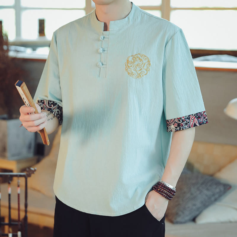 Buddha Stones Frog-Button Dragon Embroidery Chinese Tang Suit Short Sleeve Shirt Linen Men Clothing - image 15