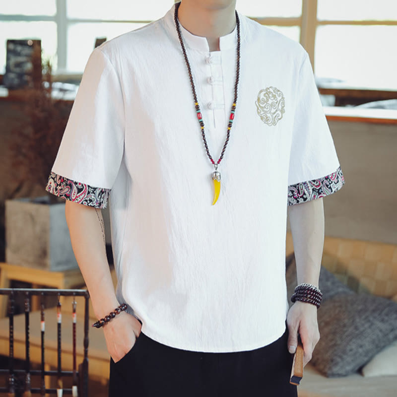 Buddha Stones Frog-Button Dragon Embroidery Chinese Tang Suit Short Sleeve Shirt Linen Men Clothing - image 19