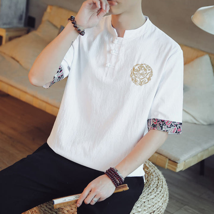 Buddha Stones Frog-Button Dragon Embroidery Chinese Tang Suit Short Sleeve Shirt Linen Men Clothing - image 23