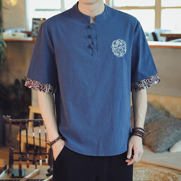 Buddha Stones Frog-Button Dragon Embroidery Chinese Tang Suit Short Sleeve Shirt Linen Men Clothing - image 34
