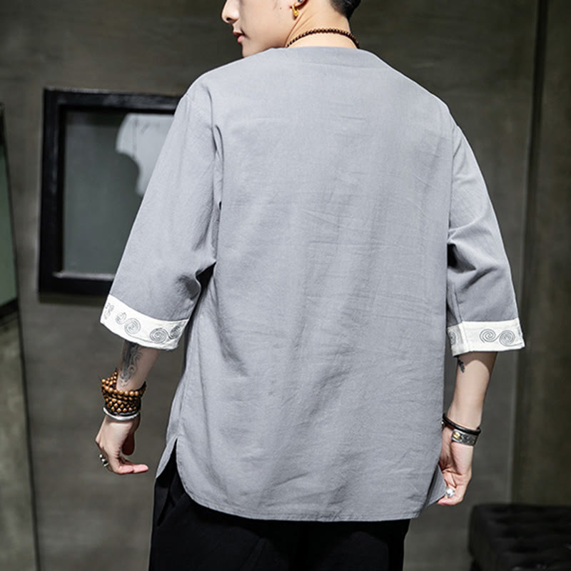 Buddha Stones Frog-Button Dragon Embroidery Chinese Tang Suit Three Quarter Sleeve Shirt Cotton Linen Men Clothing - image 14