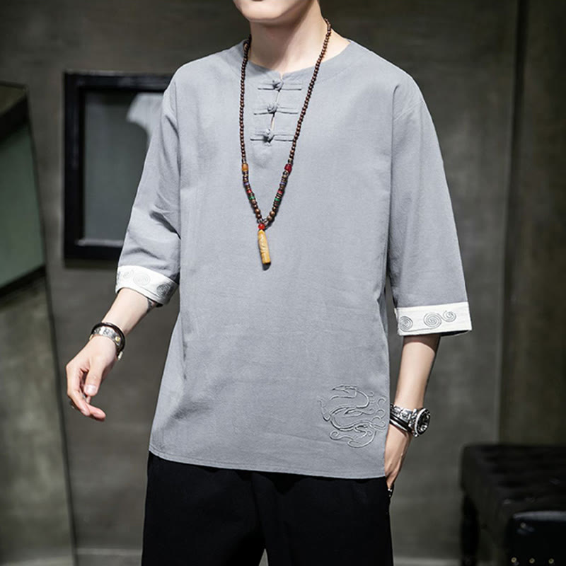 Buddha Stones Frog-Button Dragon Embroidery Chinese Tang Suit Three Quarter Sleeve Shirt Cotton Linen Men Clothing - image 21