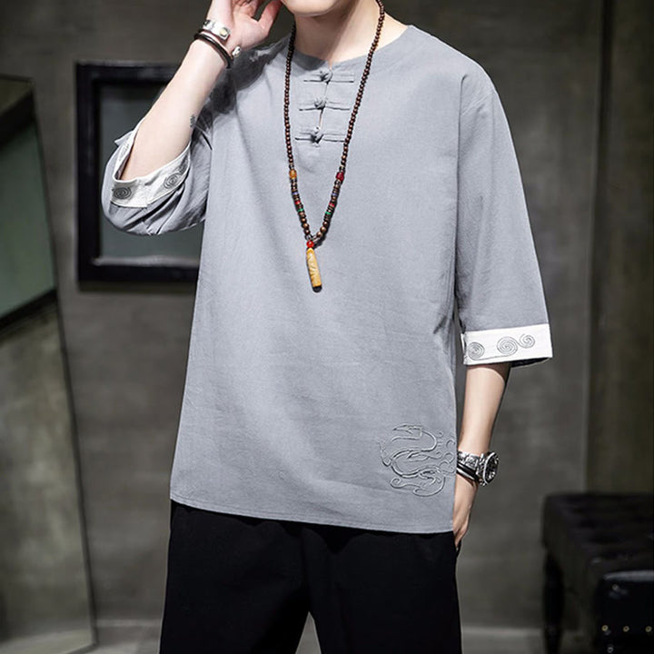 Buddha Stones Frog-Button Dragon Embroidery Chinese Tang Suit Three Quarter Sleeve Shirt Cotton Linen Men Clothing - image 20