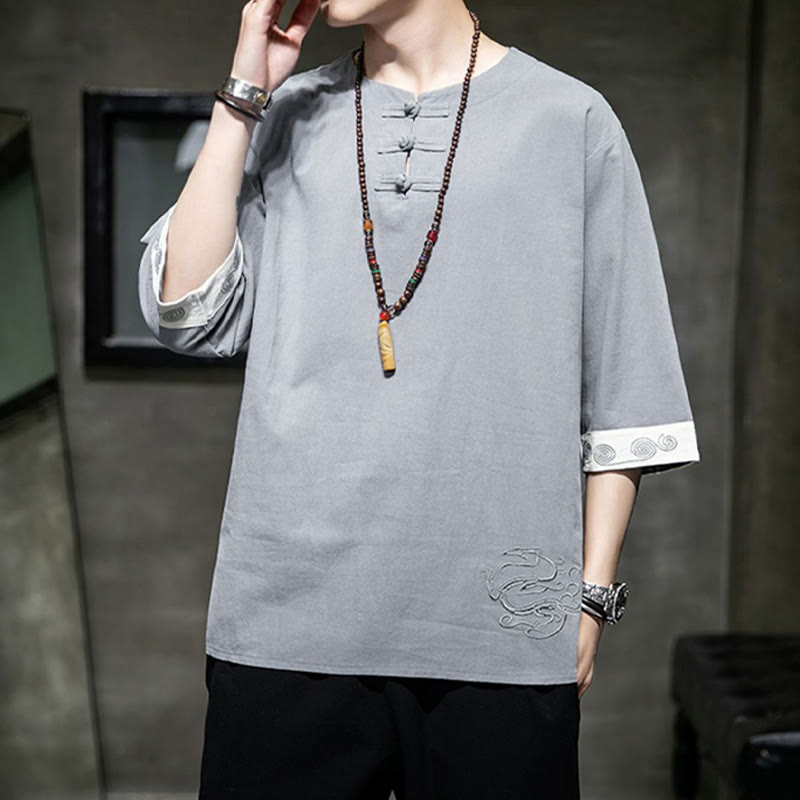 Buddha Stones Frog-Button Dragon Embroidery Chinese Tang Suit Three Quarter Sleeve Shirt Cotton Linen Men Clothing - image 15