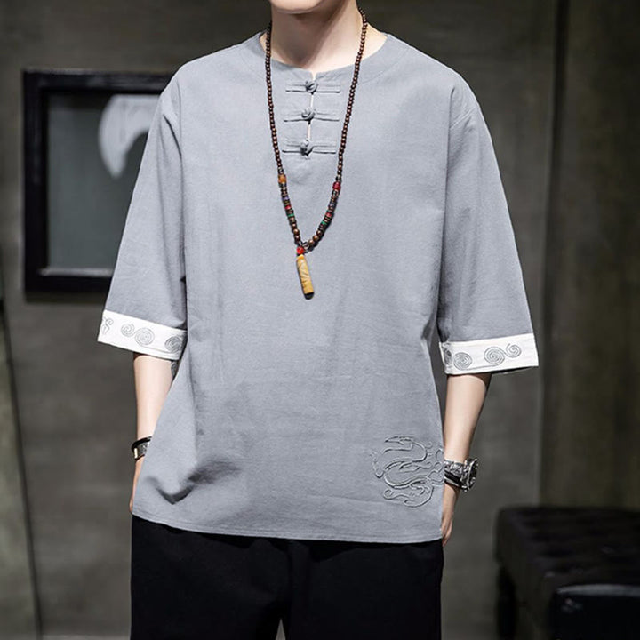 Buddha Stones Frog-Button Dragon Embroidery Chinese Tang Suit Three Quarter Sleeve Shirt Cotton Linen Men Clothing - LightGrey - US/UK/AU46，EU56 (5XL)  - image 12