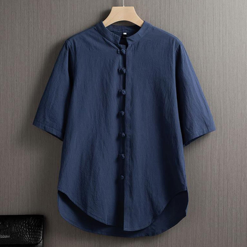 Buddha Stones Frog-Button Plain Chinese Tang Suit Short Sleeve Shirt Cotton Linen Men Clothing - Steelblue - US/UK/AU46，EU56 (5XL) - image 6