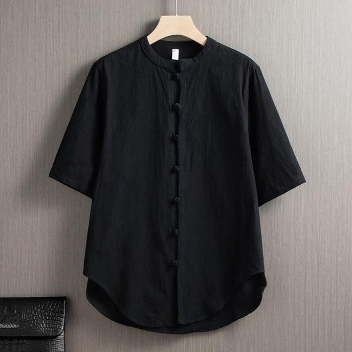 Buddha Stones Frog-Button Plain Chinese Tang Suit Short Sleeve Shirt Cotton Linen Men Clothing - Black - US/UK/AU46，EU56 (5XL) - image 5