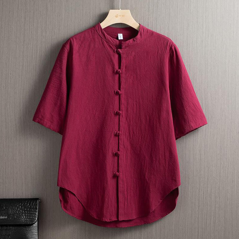 Buddha Stones Frog-Button Plain Chinese Tang Suit Short Sleeve Shirt Cotton Linen Men Clothing - IndianRed - US/UK/AU46，EU56 (5XL) - image 1
