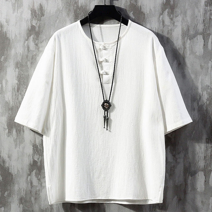 Buddha Stones Frog-Button Plain Color Chinese Tang Suit Half Sleeve Shirt Linen Men Clothing - White - US/UK/AU46，EU56 (5XL)  - image 1