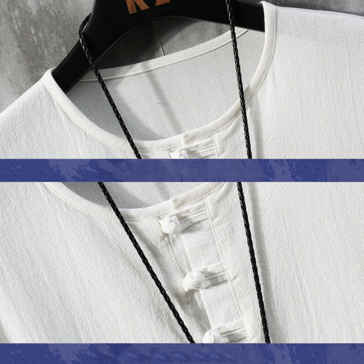 Buddha Stones Frog-Button Plain Color Chinese Tang Suit Half Sleeve Shirt Men Clothing - image 2