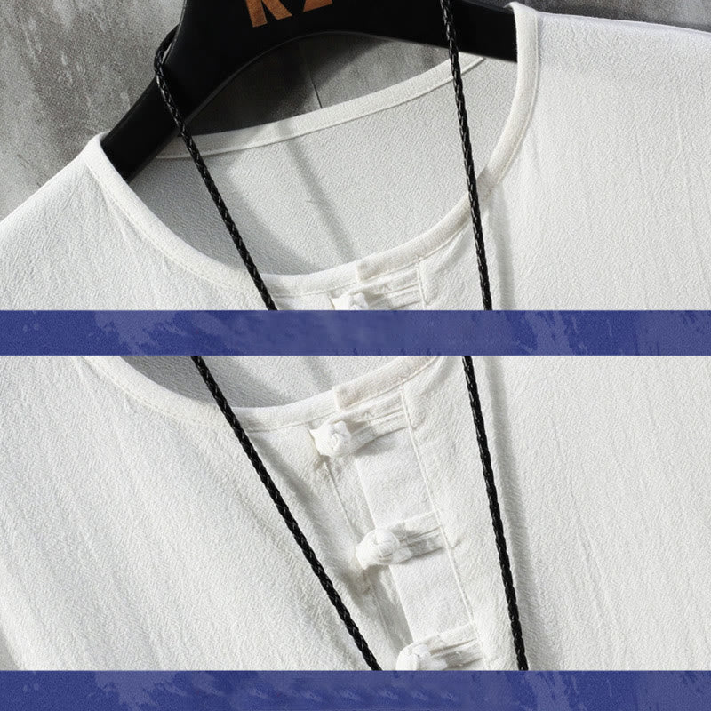 Buddha Stones Frog-Button Plain Color Chinese Tang Suit Half Sleeve Shirt Linen Men Clothing - image 2