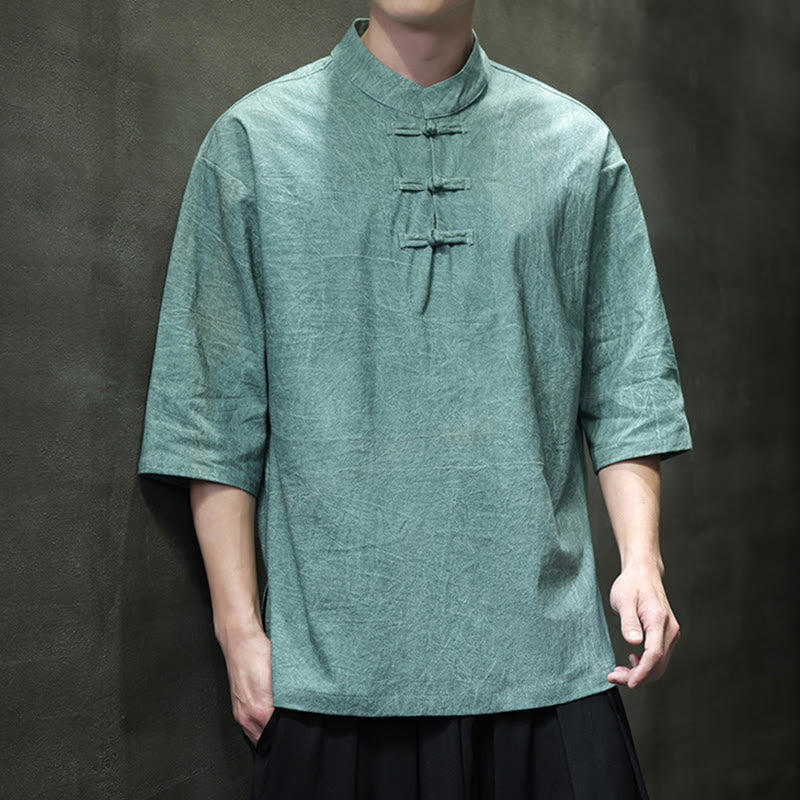 Buddha Stones Men's Chinese Frog-Button Tang Suit Half Sleeve Cotton Linen Shirt - MediumAquamarine - US/UK/AU46，EU56 (5XL)  - image 5