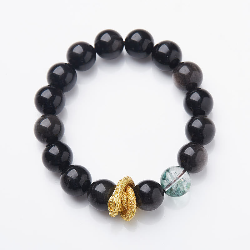 Buddha Stones Natural Silver Sheen Obsidian Dragon Green Phantom Protection Bracelet - Silver Sheen Obsidian(Wrist Circumference 14-16cm) - image 0
