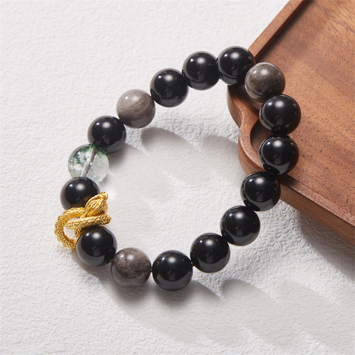 Buddha Stones Natural Silver Sheen Obsidian Dragon Green Phantom Protection Bracelet - image 7