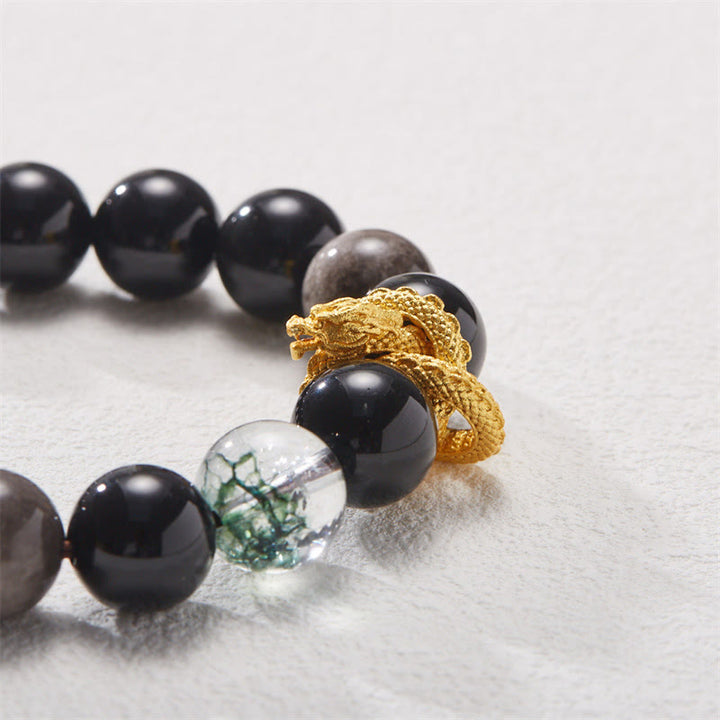 Buddha Stones Natural Silver Sheen Obsidian Dragon Green Phantom Protection Bracelet - image 8