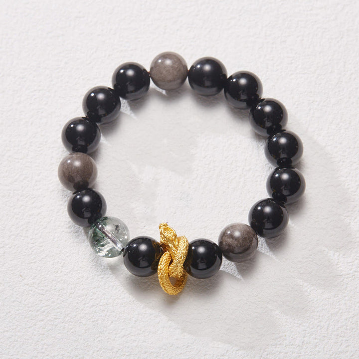 Buddha Stones Natural Silver Sheen Obsidian Dragon Green Phantom Protection Bracelet - image 2