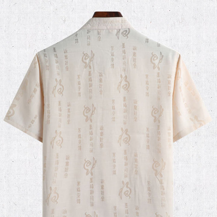 Buddha Stones Frog-Button Fu Character Dragon Bamboo Leaf Chinese Tang Suit Short Sleeve Shirt Linen With Pockets - image 1