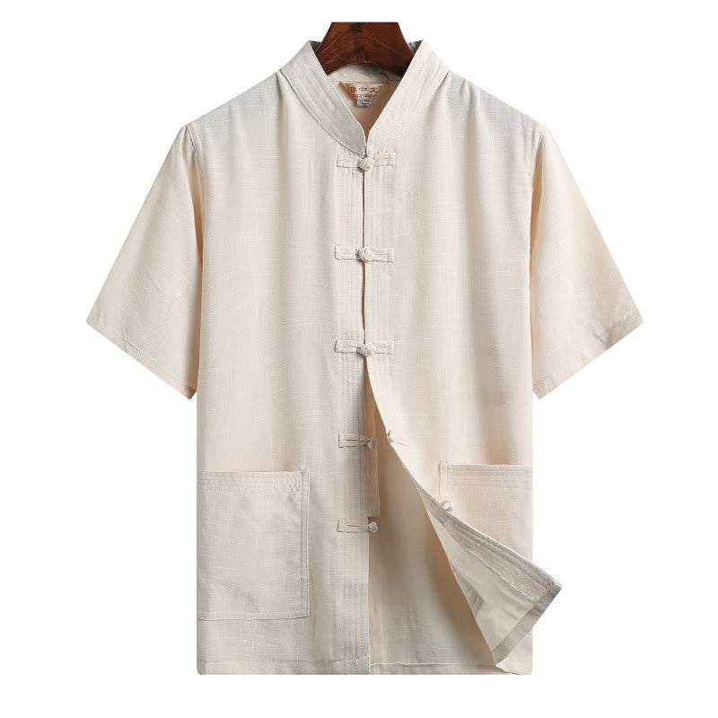 Buddha Stones Frog-Button Fu Character Dragon Bamboo Leaf Chinese Tang Suit Short Sleeve Shirt Linen With Pockets - LightYellow - Solid Color - US/UK/AU46，EU56 (4XL)  - image 14