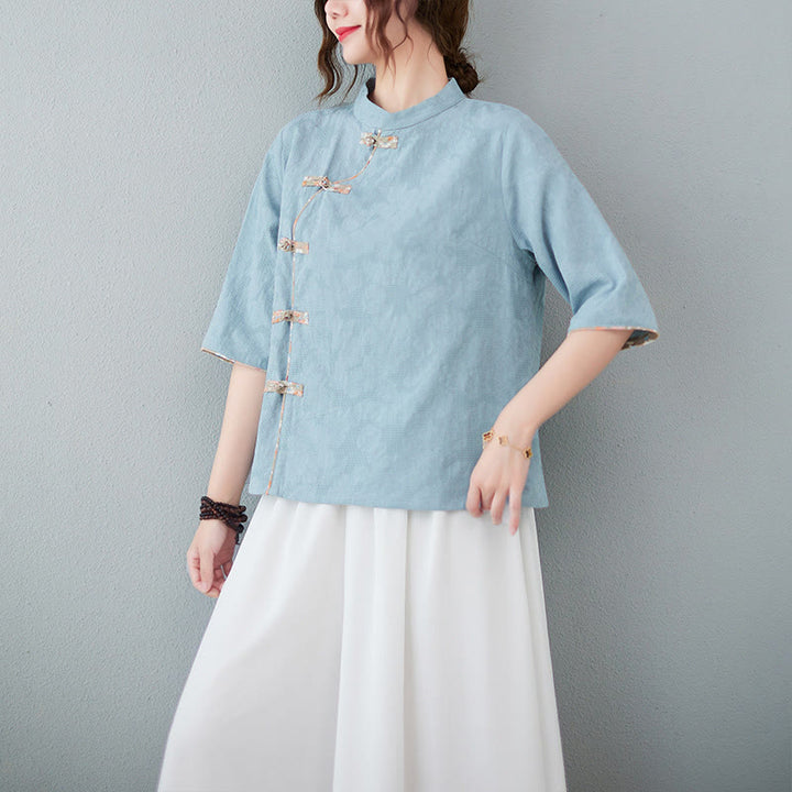 Buddha Stones Floral Pattern Frog-Button Half Sleeve Cotton Linen Shirt - LightSteelBlue - 2XL(Fit for US8-10; UK/AU12-14; EU40-42) - image 8