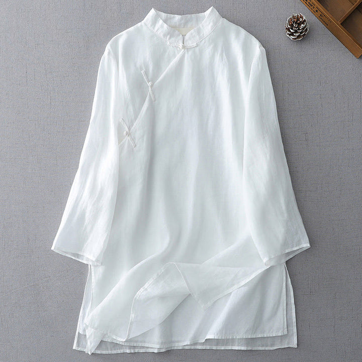 Buddha Stones Solid Color Frog-Button Three Quarter Sleeve Double Layer Cotton Linen Shirt - White - US8-10，UK/AU12-14，EU40-42 (2XL) - image 1