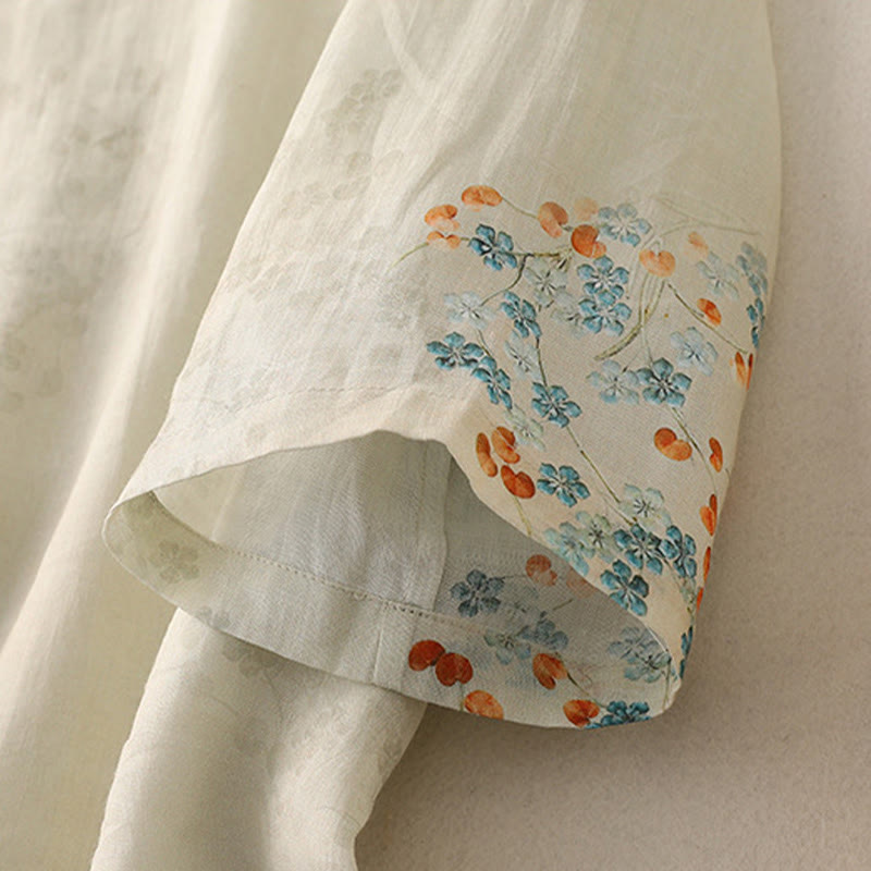 Buddha Stones Blue Flowers Orange Leaves Frog-Button Three Quarter Sleeve Cotton Linen Shirt - image 9