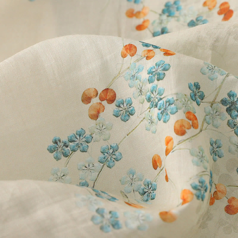 Buddha Stones Blue Flowers Orange Leaves Frog-Button Three Quarter Sleeve Cotton Linen Shirt - image 10