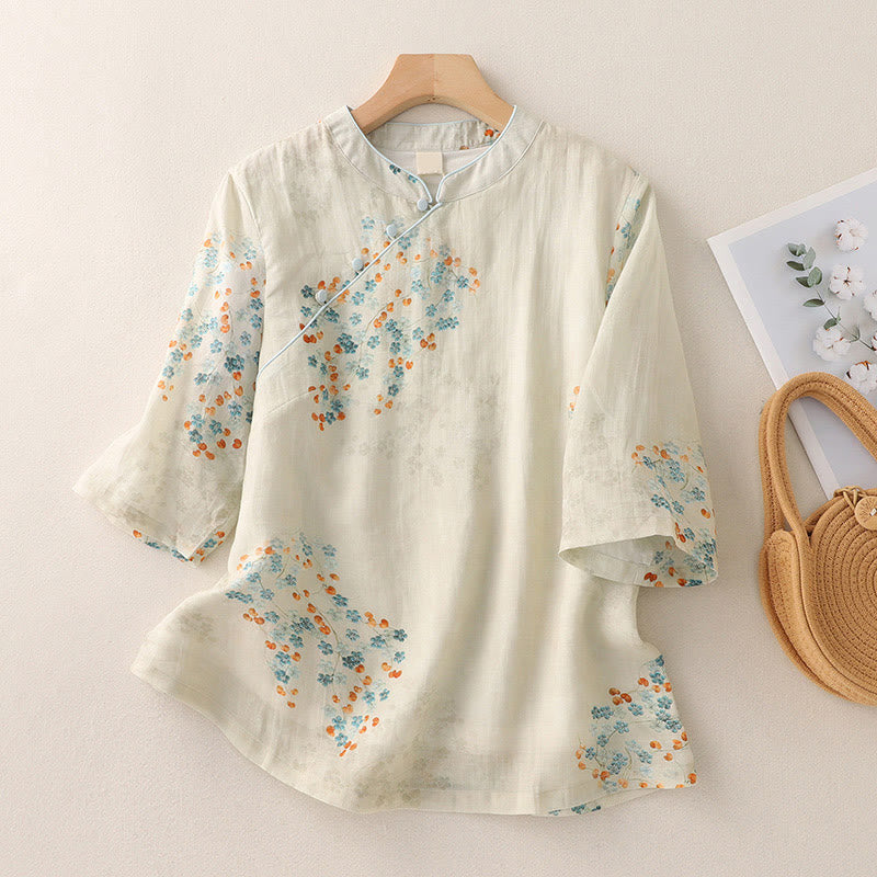 Buddha Stones Blue Flowers Orange Leaves Frog-Button Three Quarter Sleeve Cotton Linen Shirt - US8-10，UK/AU12-14，EU40-42 (2XL) - image 0