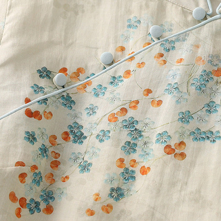 Buddha Stones Blue Flowers Orange Leaves Frog-Button Three Quarter Sleeve Cotton Linen Shirt - image 5