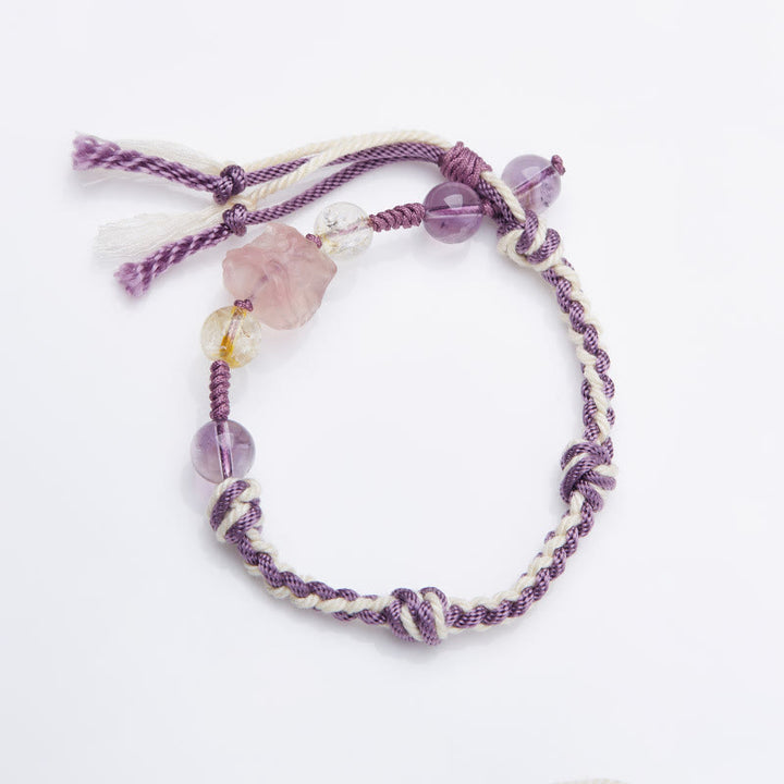 Buddha Stones Natural Fluorite Amethyst Silver Sheen Obsidian Tiger's Eye Protection Rope Bracelet - Fluorite(Wrist Circumference 14-18cm) - image 0