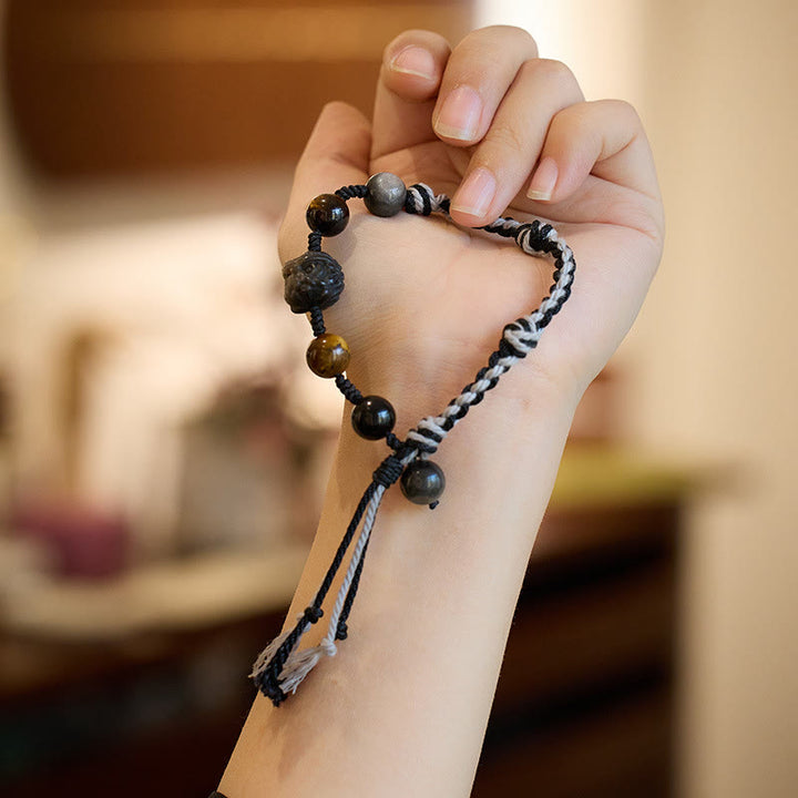 Buddha Stones Natural Fluorite Amethyst Silver Sheen Obsidian Tiger's Eye Protection Rope Bracelet - image 8