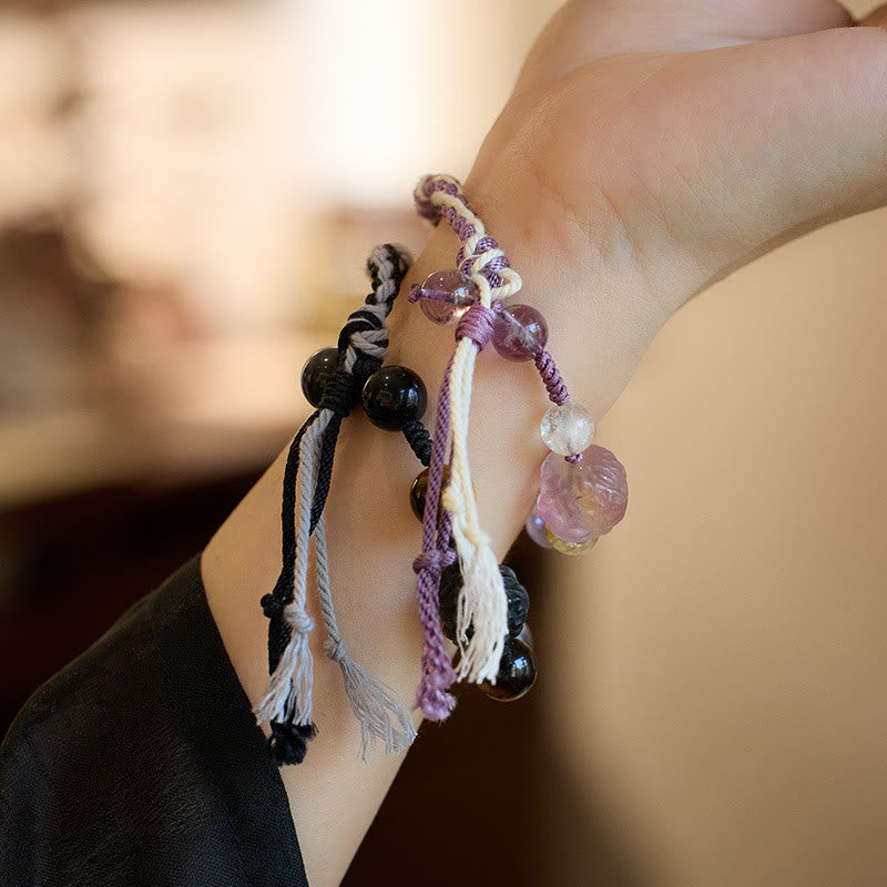 Buddha Stones Natural Fluorite Amethyst Silver Sheen Obsidian Tiger's Eye Protection Rope Bracelet - image 1