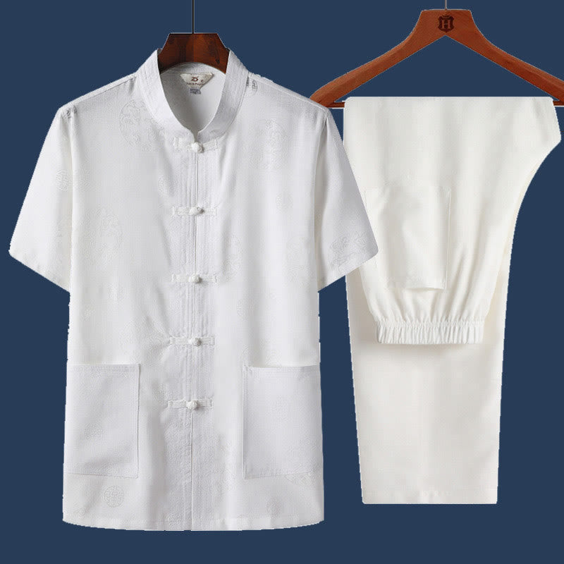 Buddha Stones 2Pcs Frog-Button Fu Character Dragon Bamboo Leaf Short Sleeve Shirt Pants Men's Set - White - Dragon - US/UK/AU46，EU56 (4XL) - image 8