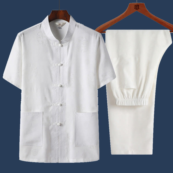 Buddha Stones 2Pcs Frog-Button Fu Character Dragon Bamboo Leaf Short Sleeve Shirt Pants Men's Set - White - Dragon - US/UK/AU46，EU56 (4XL) - image 8