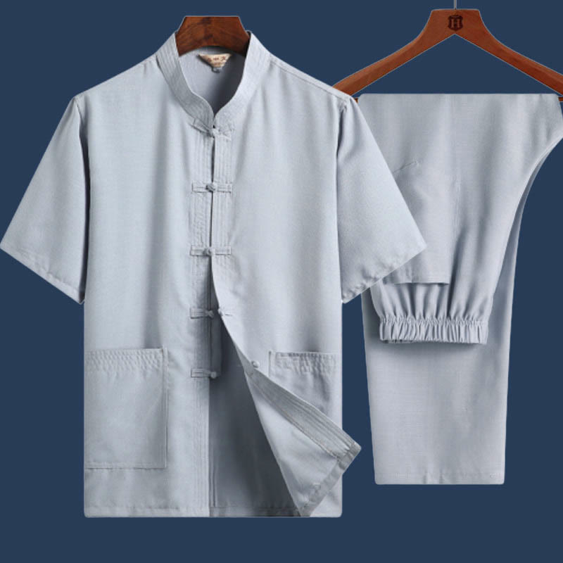 Buddha Stones 2Pcs Frog-Button Fu Character Dragon Bamboo Leaf Short Sleeve Shirt Pants Men's Set - LightBlue - Solid Color - US/UK/AU46，EU56 (4XL) - image 13