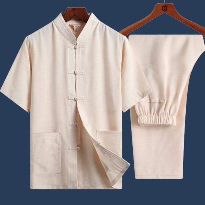 Buddha Stones 2Pcs Frog-Button Fu Character Dragon Bamboo Leaf Short Sleeve Shirt Pants Men's Set - LightYellow - Solid Color - US/UK/AU46，EU56 (4XL) - image 14