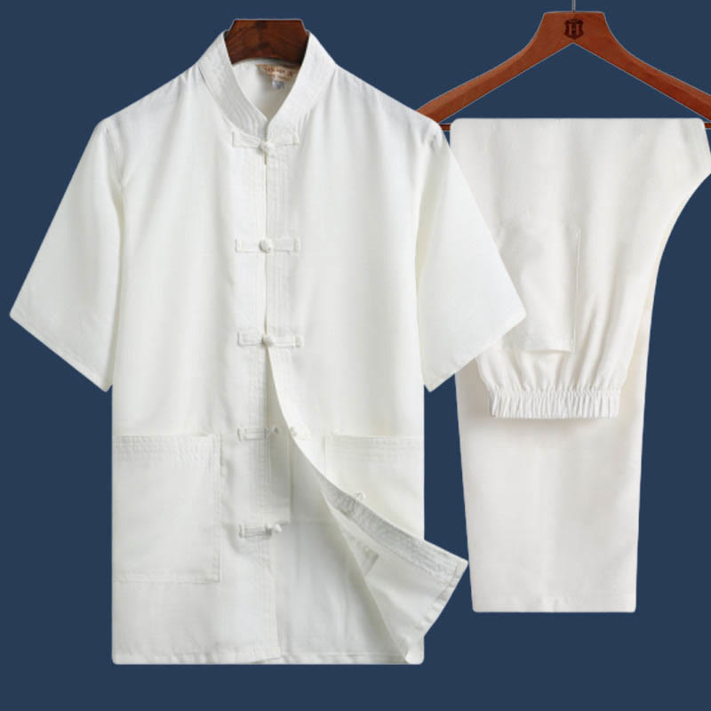 Buddha Stones 2Pcs Frog-Button Fu Character Dragon Bamboo Leaf Short Sleeve Shirt Pants Men's Set - White - Solid Color - US/UK/AU46，EU56 (4XL) - image 15